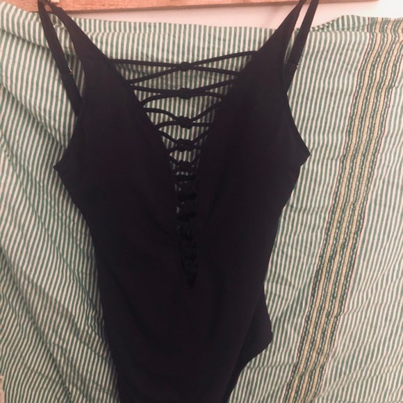 Lace Down Black One-Piece Swimsuit - Picture 3 of 4